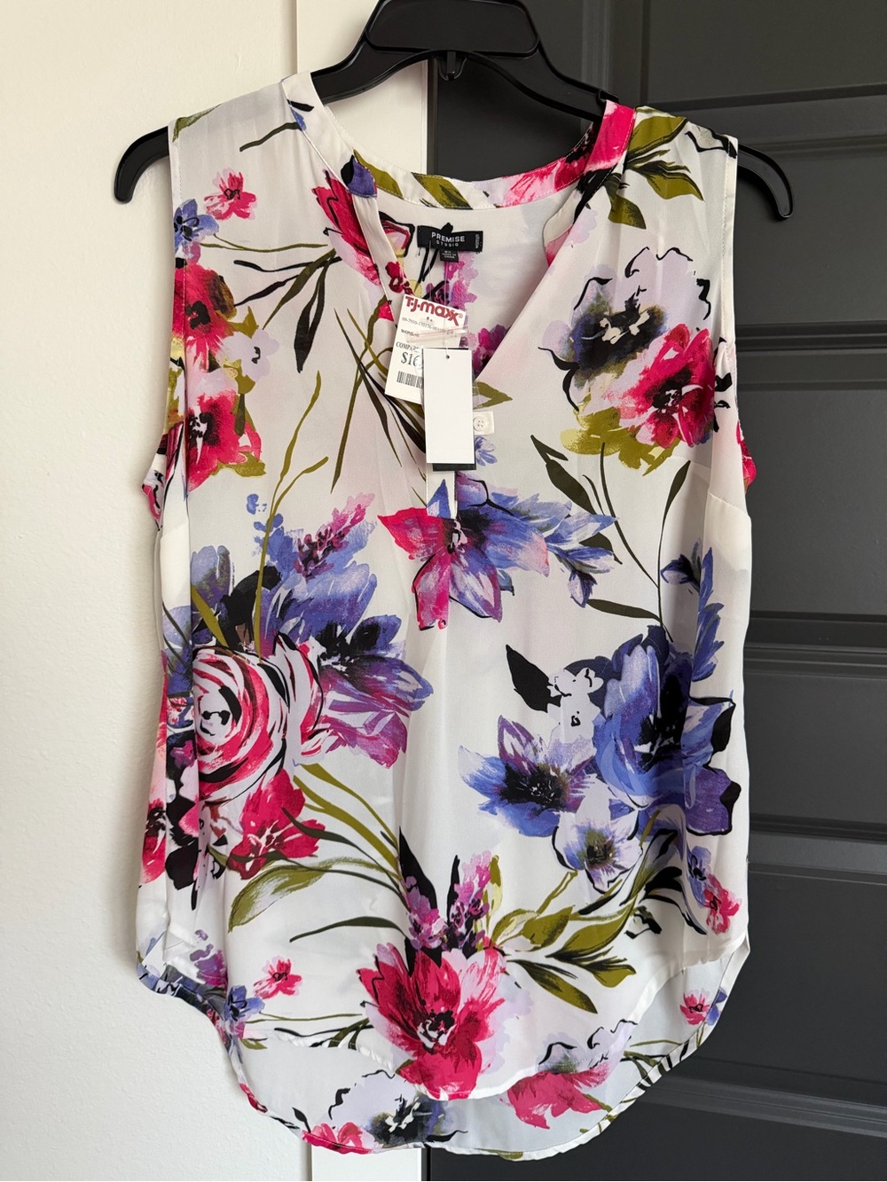 Premise White Floral V-Neck Sleeveless Camisole with Pink, Purple & Blue Blooms